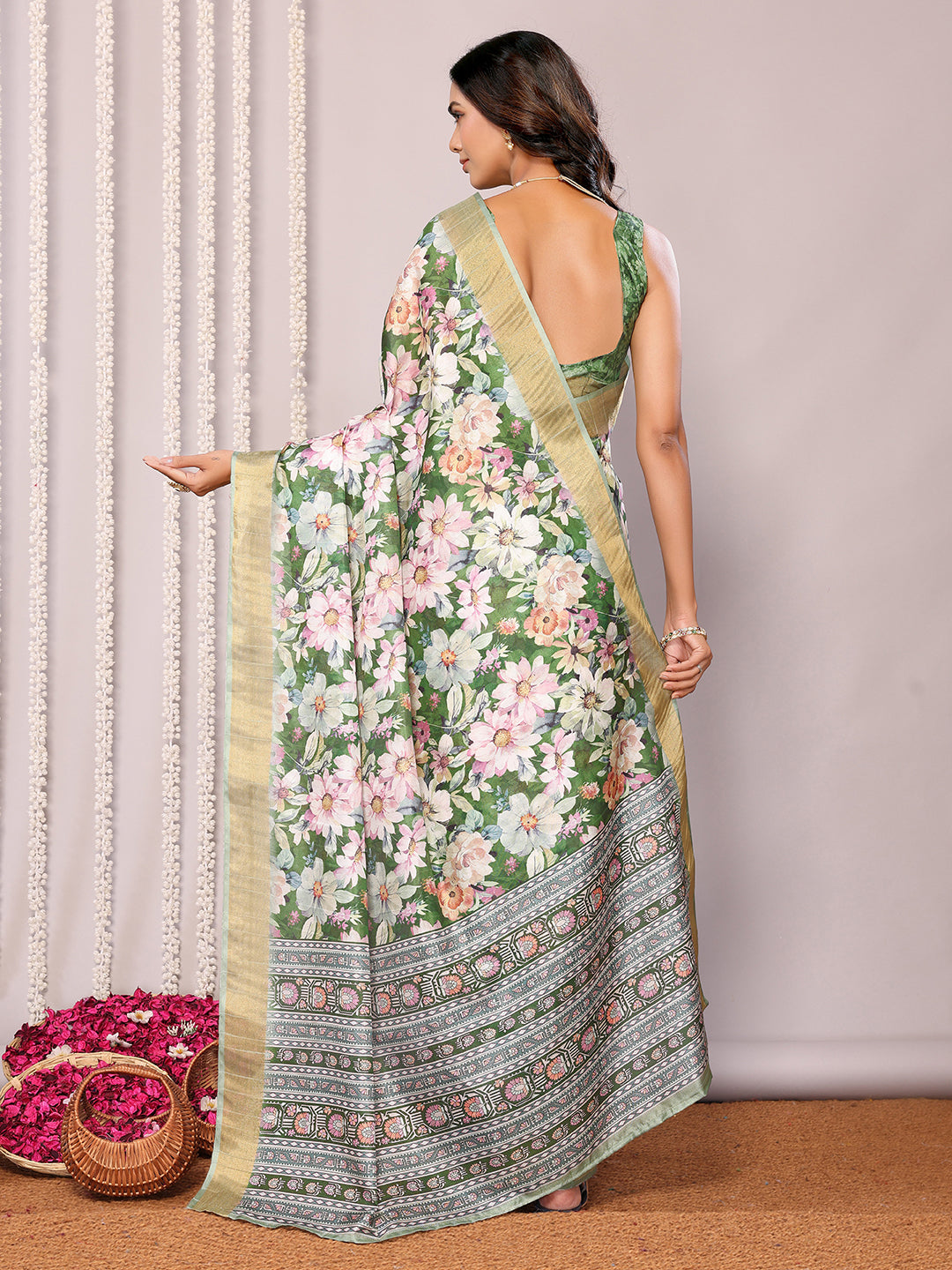 Janasya Green Chanderi Silk Floral Printed Saree