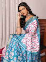 Thumbnail for Janasya Blue Chanderi Silk Ikkat Printed Saree