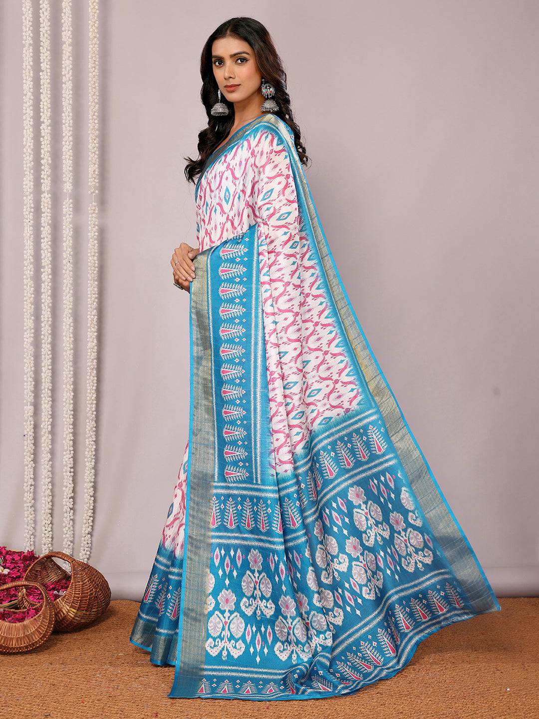 Janasya Blue Chanderi Silk Ikkat Printed Saree