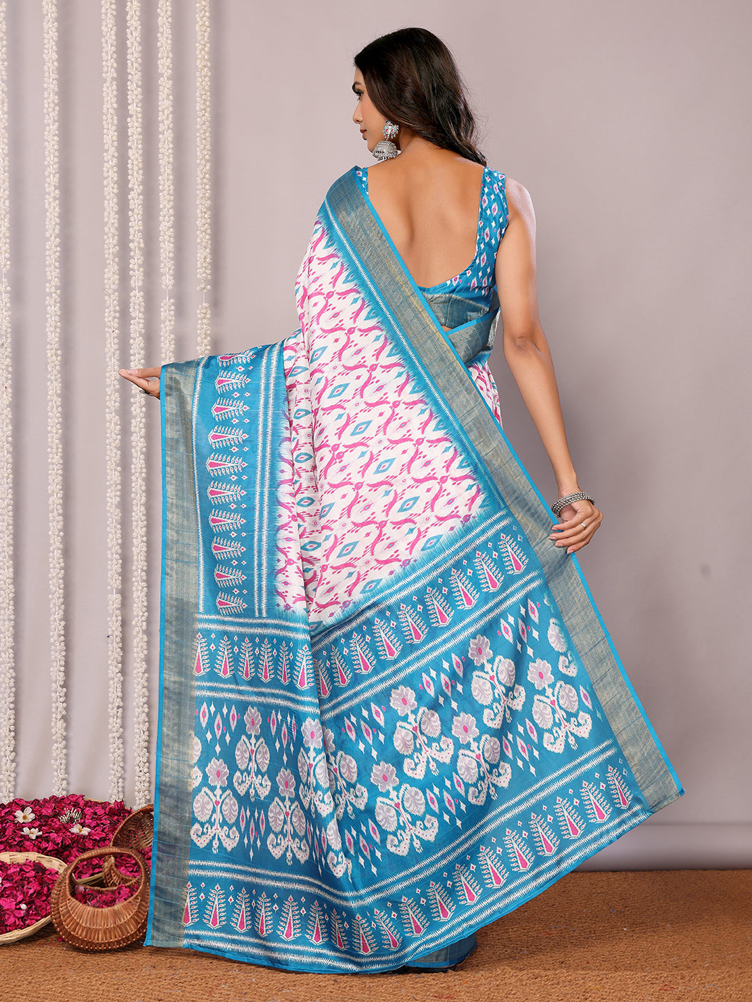 Janasya Blue Chanderi Silk Ikkat Printed Saree
