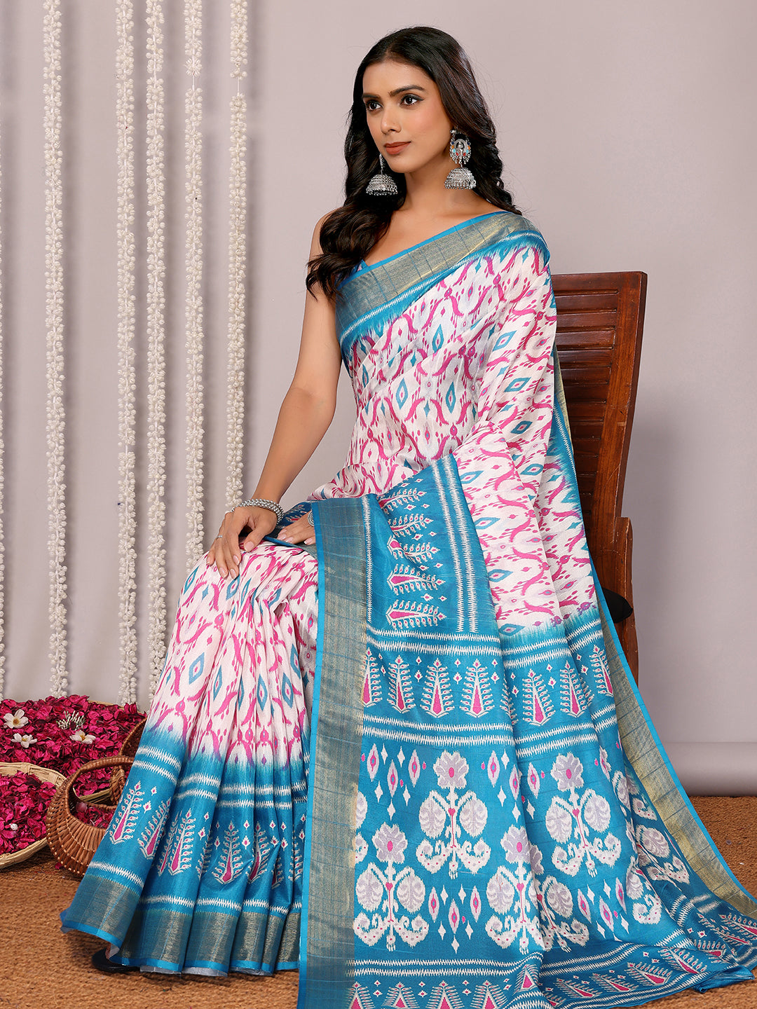 Janasya Blue Chanderi Silk Ikkat Printed Saree