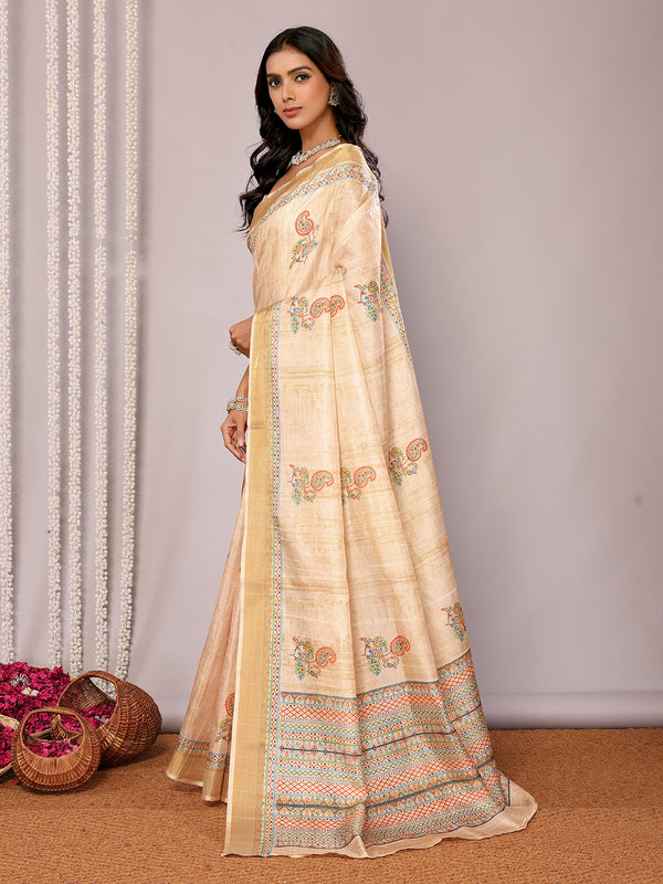 Janasya Beige Chanderi Silk Paisley Printed Saree