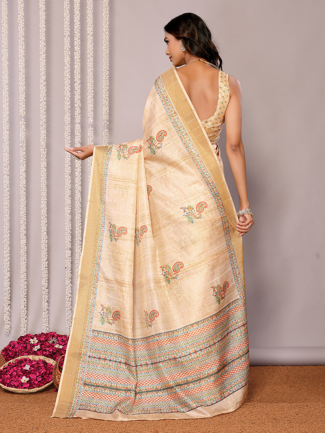 Janasya Beige Chanderi Silk Paisley Printed Saree