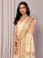 Thumbnail for Janasya Beige Chanderi Silk Paisley Printed Saree