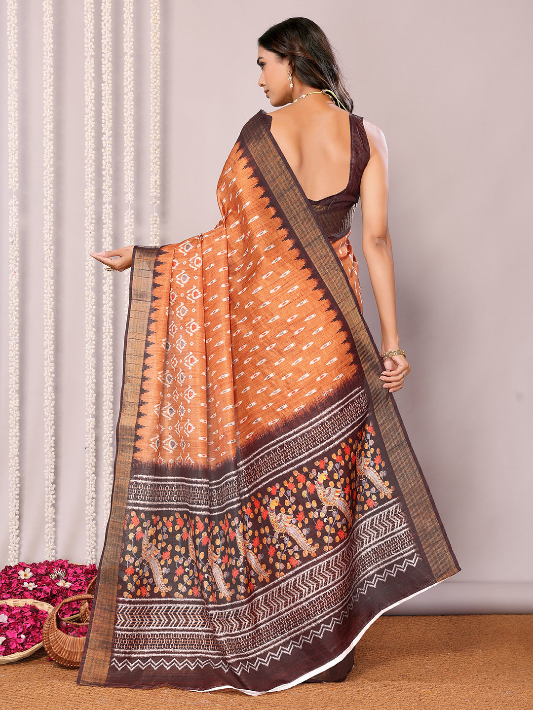 Janasya Orange Chanderi Silk Ikkat Printed Saree
