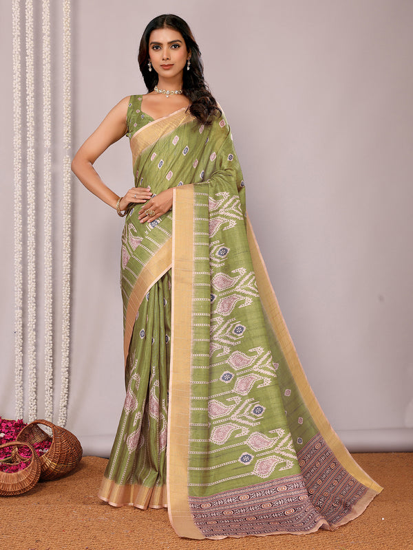 Janasya Green Chanderi Silk Ikkat Printed Saree