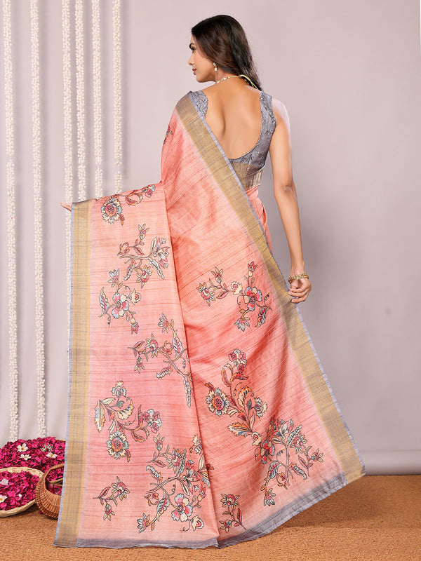 Janasya Peach Chanderi Silk Floral Printed Saree