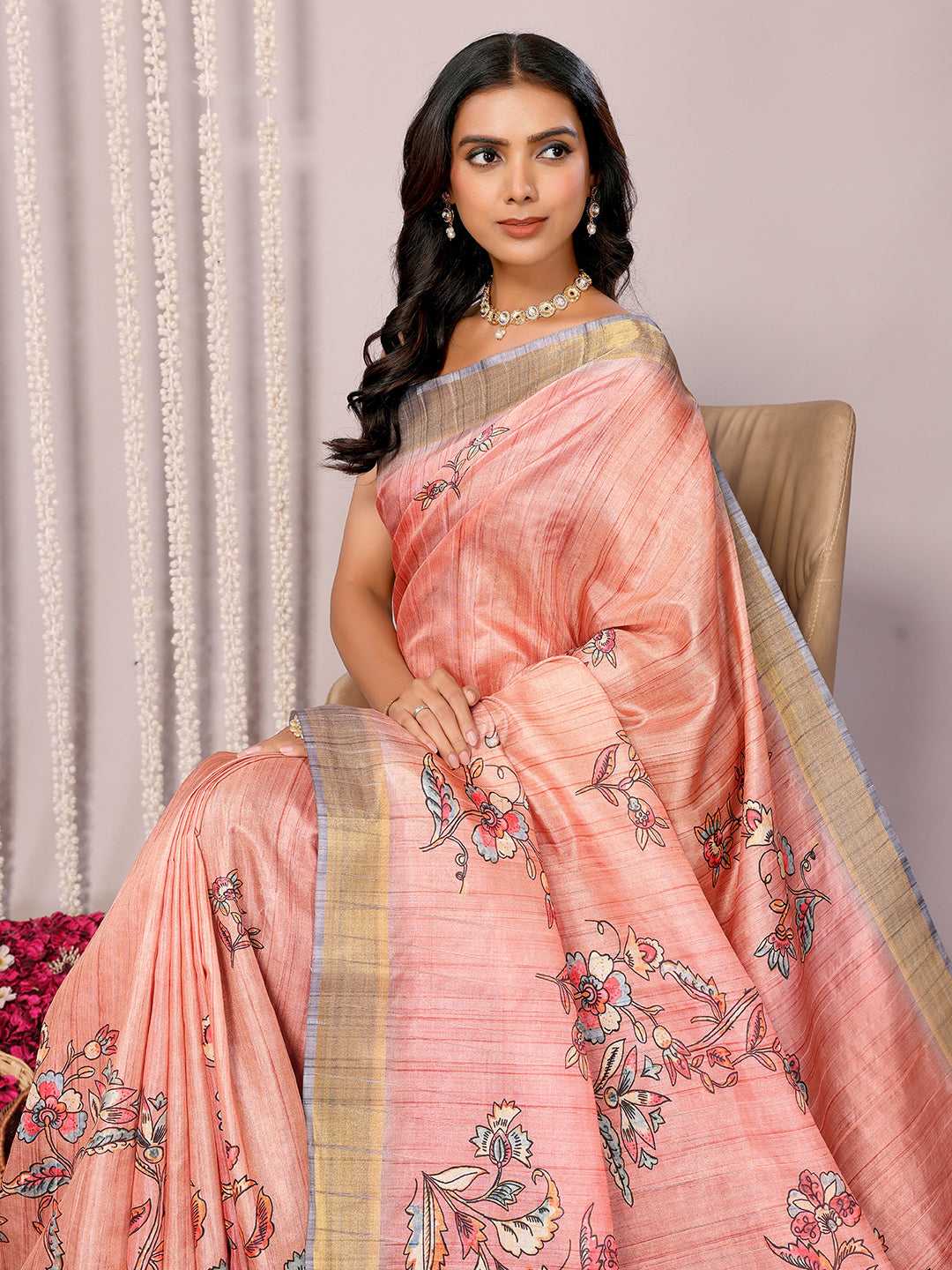 Janasya Peach Chanderi Silk Floral Printed Saree