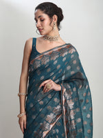 Thumbnail for Janasya Teal Blue Linen Blend Floral Jacquard Saree