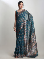Thumbnail for Janasya Teal Blue Linen Blend Floral Jacquard Saree