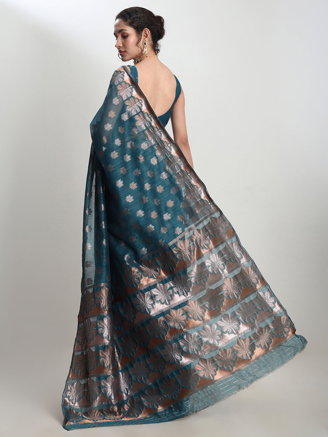 Janasya Teal Blue Linen Blend Floral Jacquard Saree
