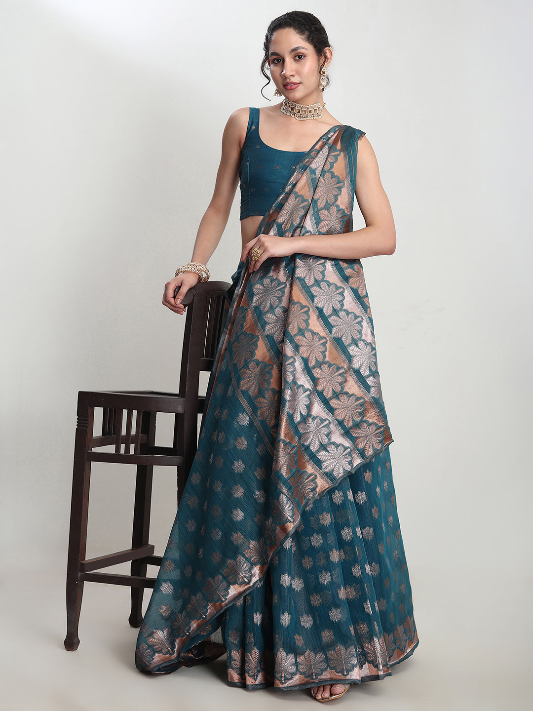 Janasya Teal Blue Linen Blend Floral Jacquard Saree