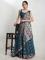 Thumbnail for Janasya Teal Blue Linen Blend Floral Jacquard Saree
