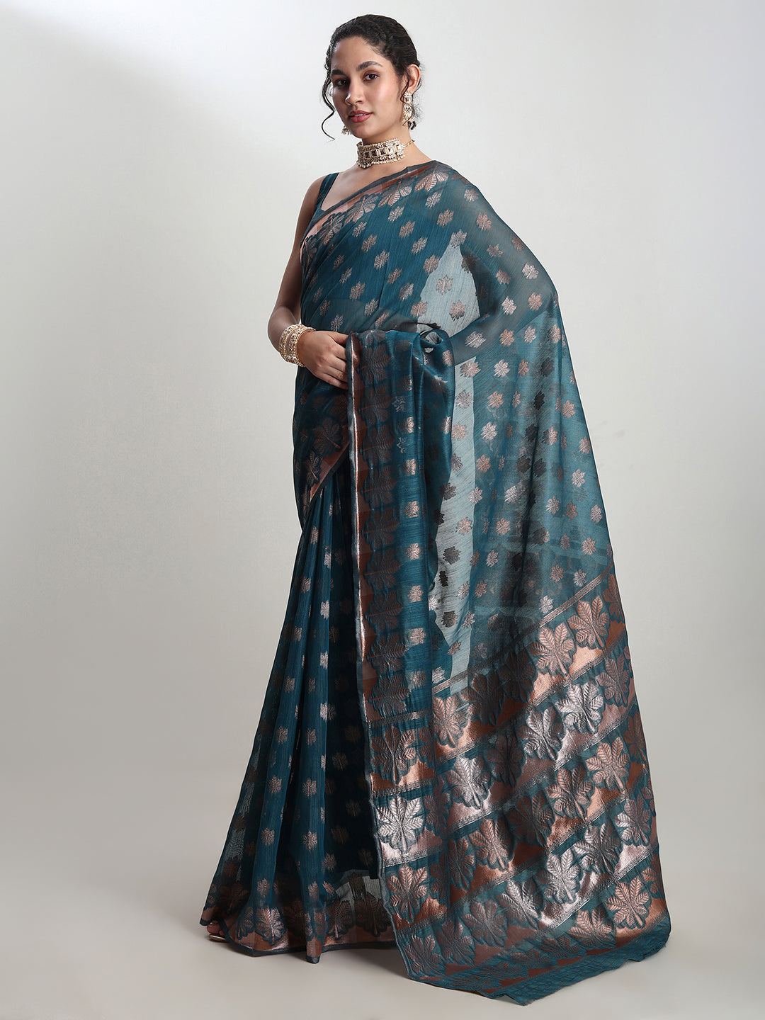Janasya Teal Blue Linen Blend Floral Jacquard Saree