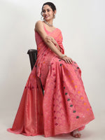 Thumbnail for Janasya Peach Linen Blend Geometric Jacquard Saree