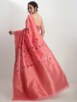 Thumbnail for Janasya Peach Linen Blend Geometric Jacquard Saree