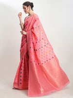 Thumbnail for Janasya Peach Linen Blend Geometric Jacquard Saree