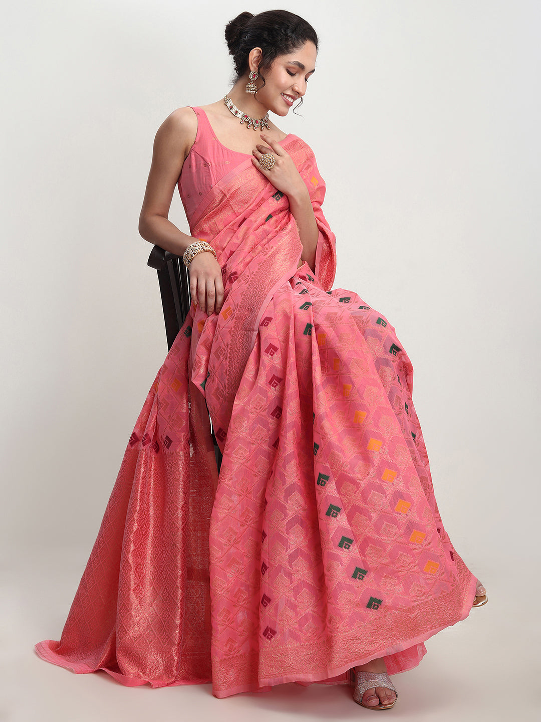 Janasya Peach Linen Blend Geometric Jacquard Saree