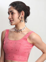 Thumbnail for Janasya Peach Linen Blend Geometric Jacquard Saree