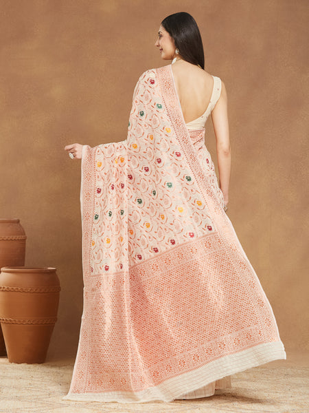 Janasya Light Peach Linen Blend Patola Jacquard Saree