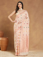 Thumbnail for Janasya Light Peach Linen Blend Patola Jacquard Saree