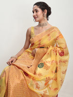 Thumbnail for Janasya Yellow Linen Blend Floral Jacquard Saree
