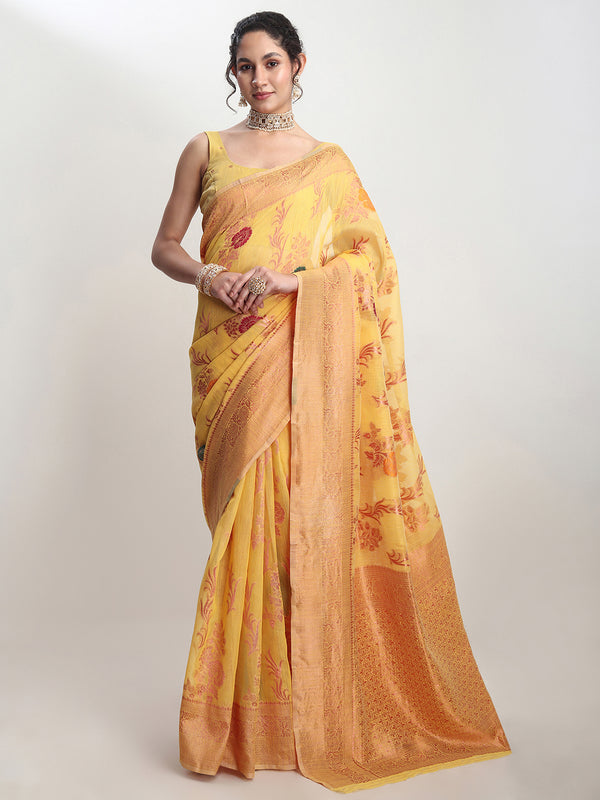 Janasya Yellow Linen Blend Floral Jacquard Saree