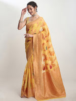 Thumbnail for Janasya Yellow Linen Blend Floral Jacquard Saree