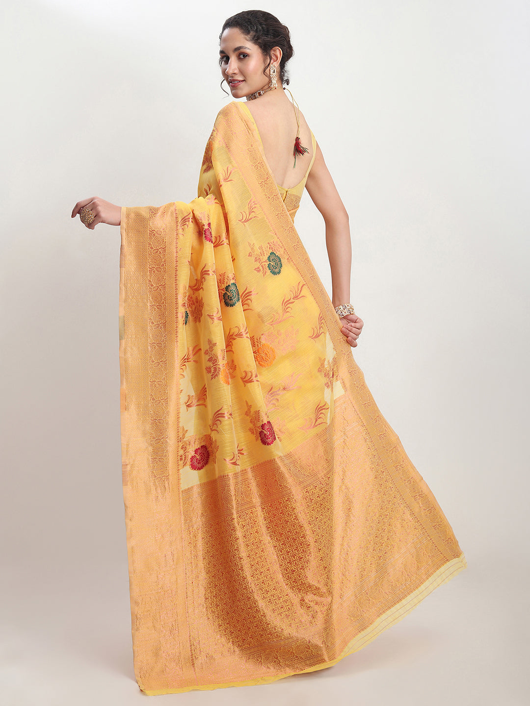 Janasya Yellow Linen Blend Floral Jacquard Saree