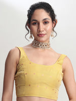 Thumbnail for Janasya Yellow Linen Blend Floral Jacquard Saree