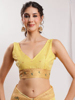 Thumbnail for Janasya Yellow Linen Blend Kalamkari Jacquard Saree