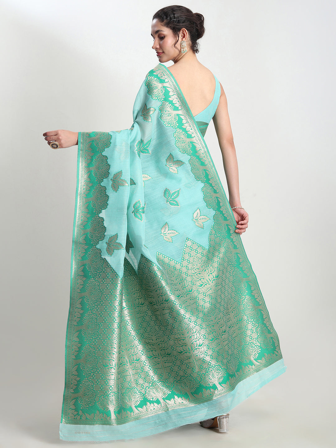 Janasya Sea Green Linen Blend Floral Jacquard Saree