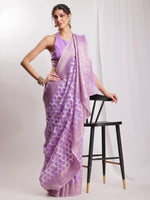Thumbnail for Janasya Lavender Linen Blend Geometric Jacquard Saree