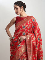Thumbnail for Janasya Red Silk Blend Floral Jacquard Saree