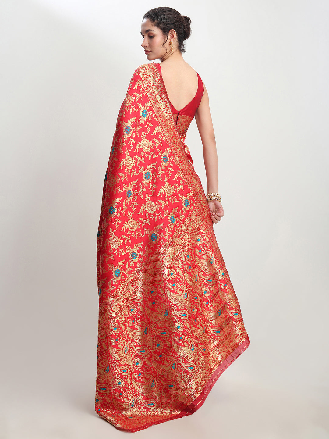 Janasya Red Silk Blend Floral Jacquard Saree