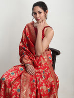 Thumbnail for Janasya Red Silk Blend Floral Jacquard Saree