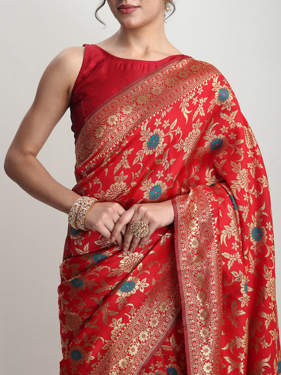 Janasya Red Silk Blend Floral Jacquard Saree