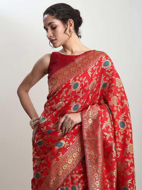 Janasya Red Silk Blend Floral Jacquard Saree