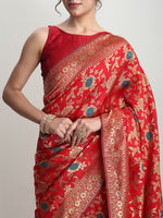 Thumbnail for Janasya Red Silk Blend Floral Jacquard Saree