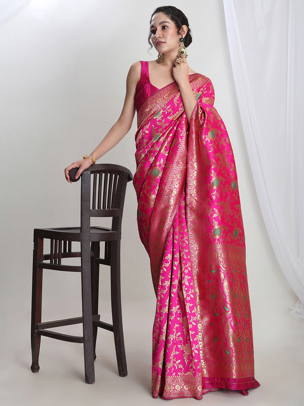 Janasya Pink Silk Blend Floral Jacquard Saree