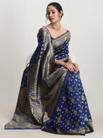 Thumbnail for Janasya Blue Silk Blend Floral Jacquard Saree
