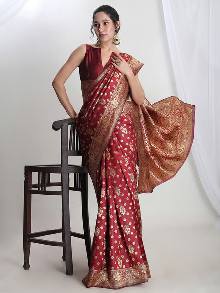 Janasya Maroon Silk Blend Floral Jacquard Saree
