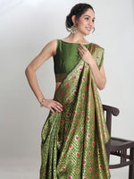 Thumbnail for Janasya Green Silk Blend Ethnic Motifs Jacquard Saree