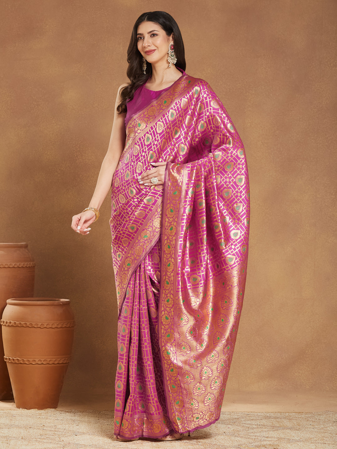 Janasya Pink Silk Blend Ethnic Motifs Jacquard Saree