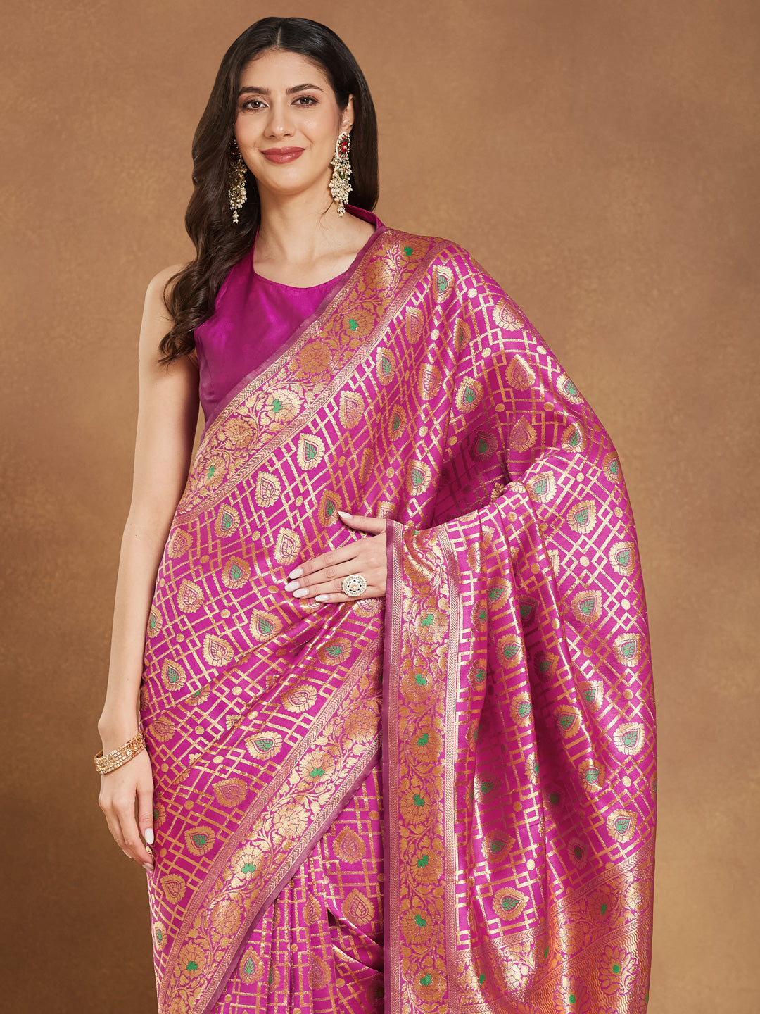 Janasya Pink Silk Blend Ethnic Motifs Jacquard Saree