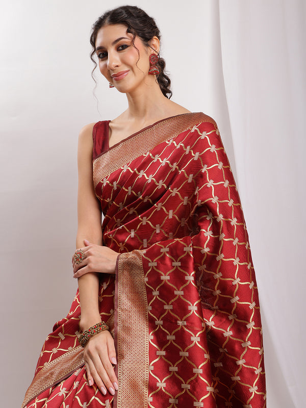 Janasya Maroon Silk Blend Ethnic Jacquard Saree