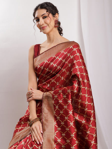 Janasya Maroon Silk Blend Ethnic Jacquard Saree