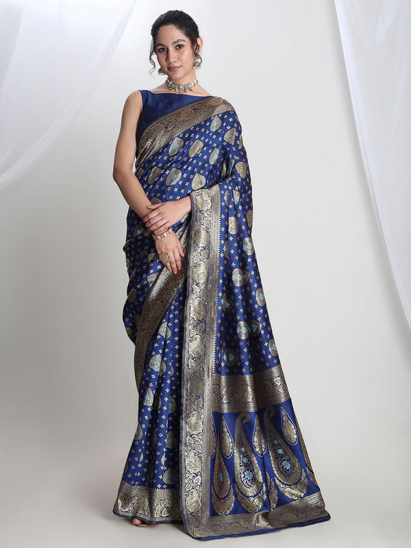Janasya Blue Silk Blend Ethnic Motifs Jacquard Saree