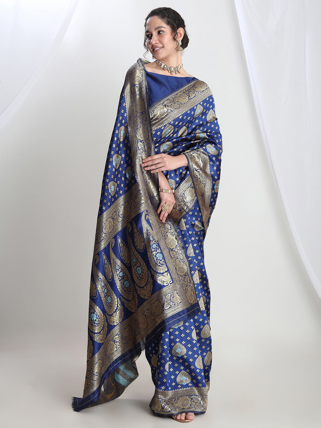 Janasya Blue Silk Blend Ethnic Motifs Jacquard Saree