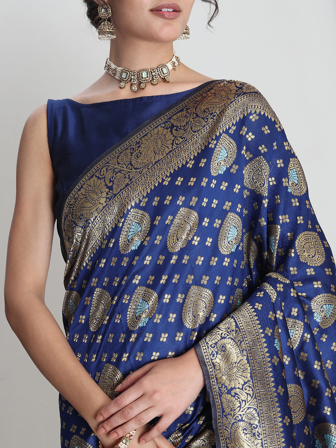 Janasya Blue Silk Blend Ethnic Motifs Jacquard Saree